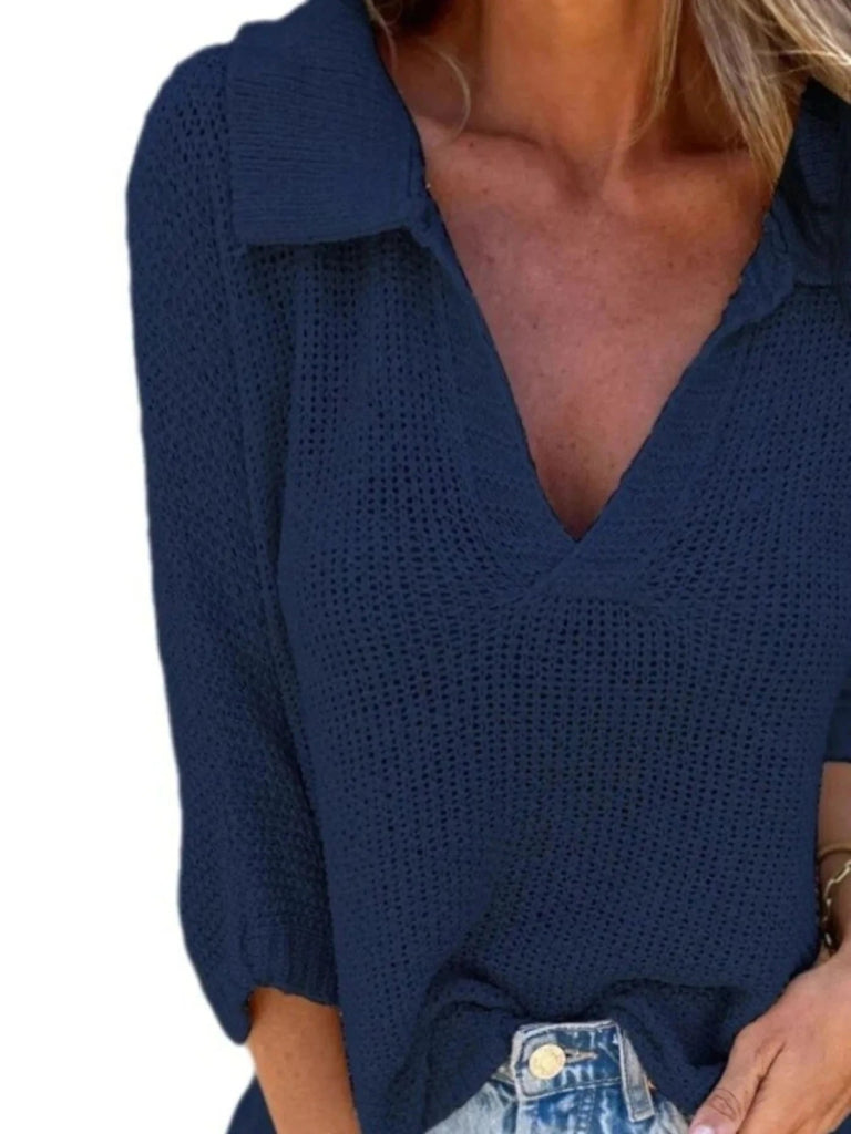 Full Size Johnny Collar Loose Knit Sweater Plus Size - Navy Blue by Trendsi from FREYA’S CLOSET