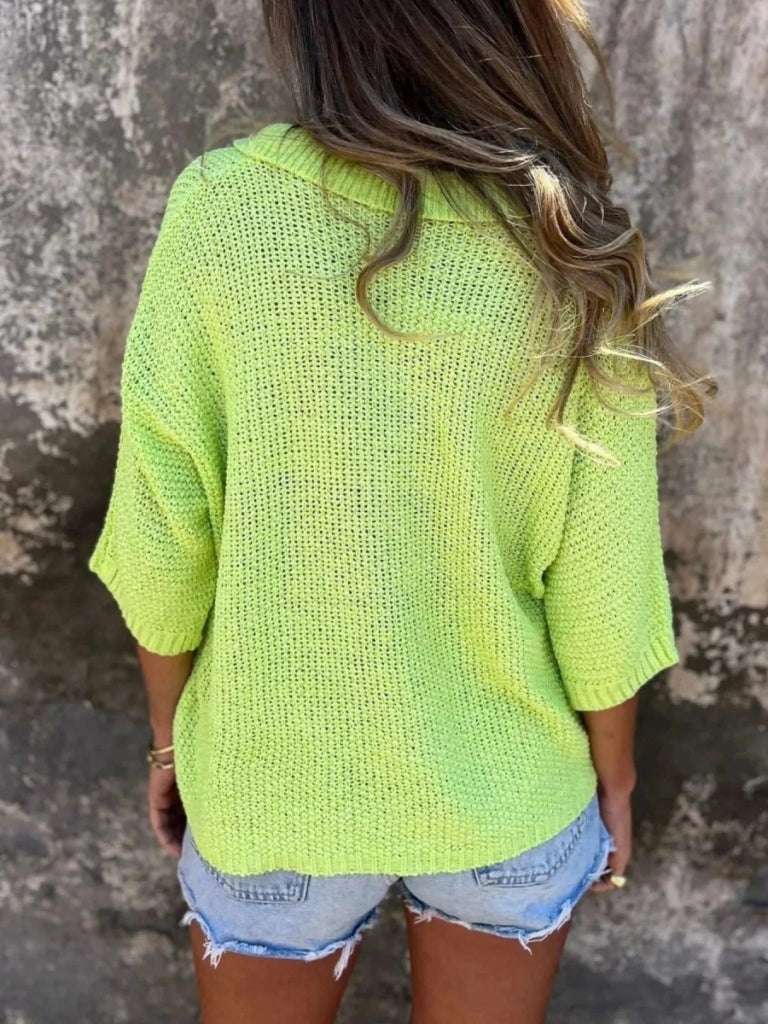 Full Size Johnny Collar Loose Knit Sweater Plus Size - Fluorescent Green by Trendsi from FREYA’S CLOSET