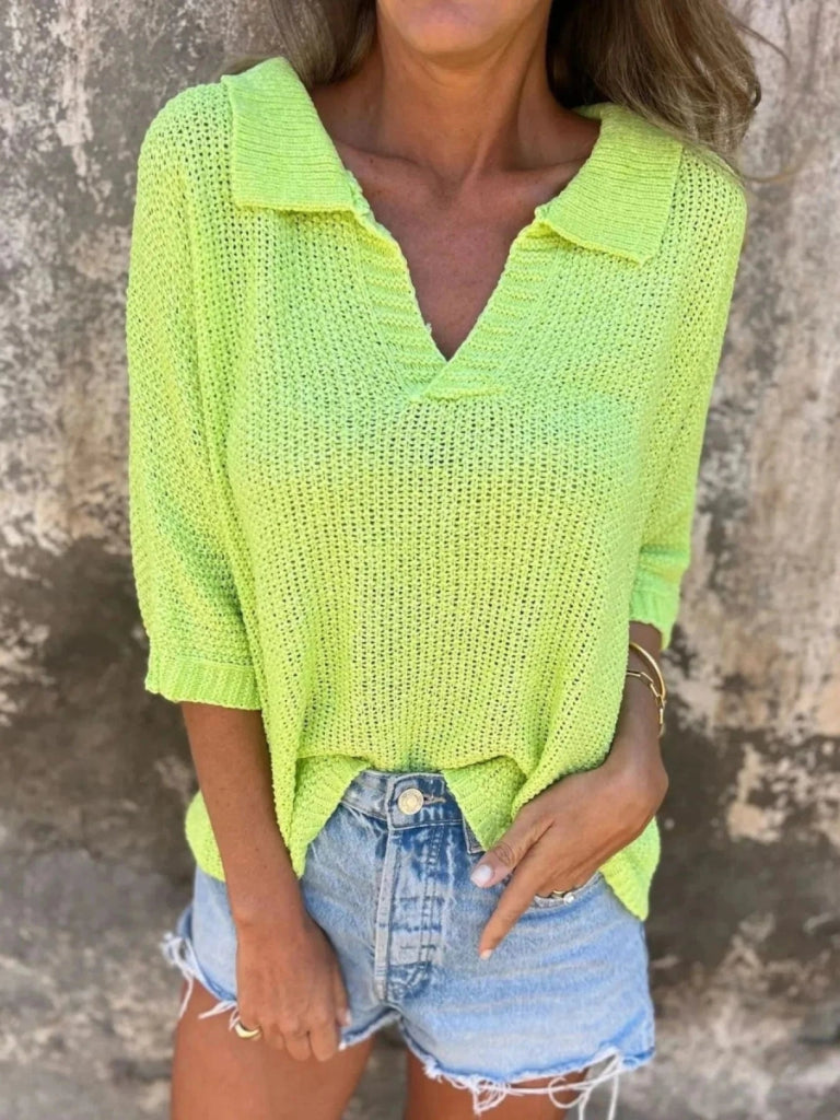 Full Size Johnny Collar Loose Knit Sweater Plus Size – Fluorescent Green by Trendsi from FREYA’S CLOSET