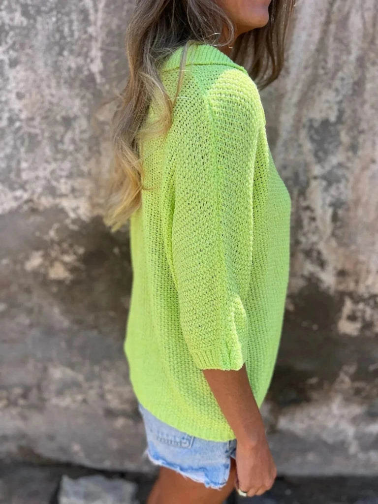 Full Size Johnny Collar Loose Knit Sweater Plus Size - Fluorescent Green by Trendsi from FREYA’S CLOSET