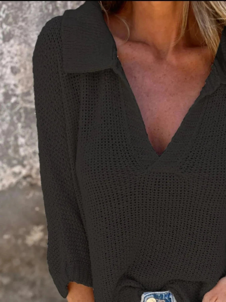 Full Size Johnny Collar Loose Knit Sweater Plus Size - Black by Trendsi from FREYA’S CLOSET