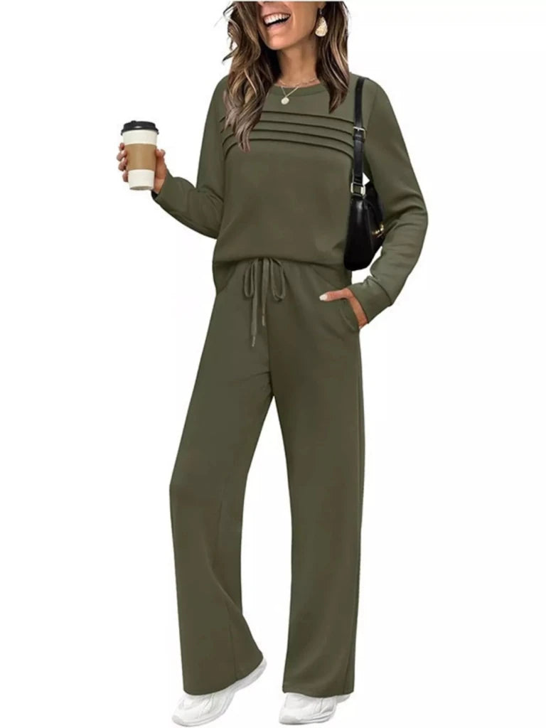 Long sleeve round neck top and pants set