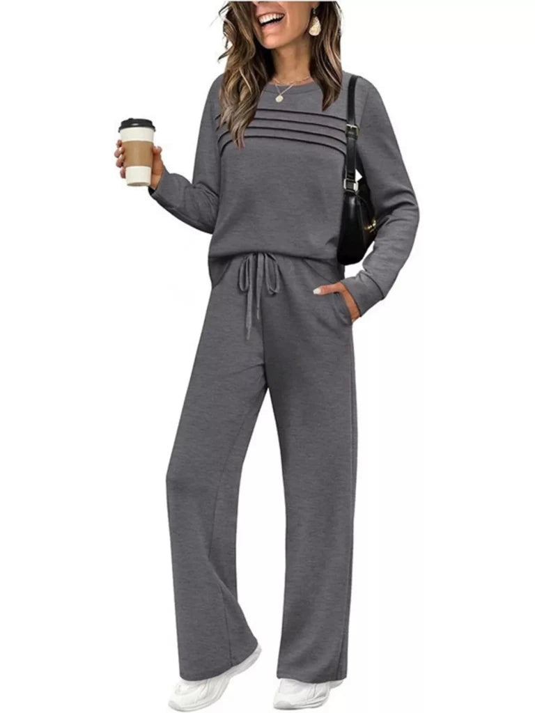 Long sleeve round neck top and pants set, alternate product image