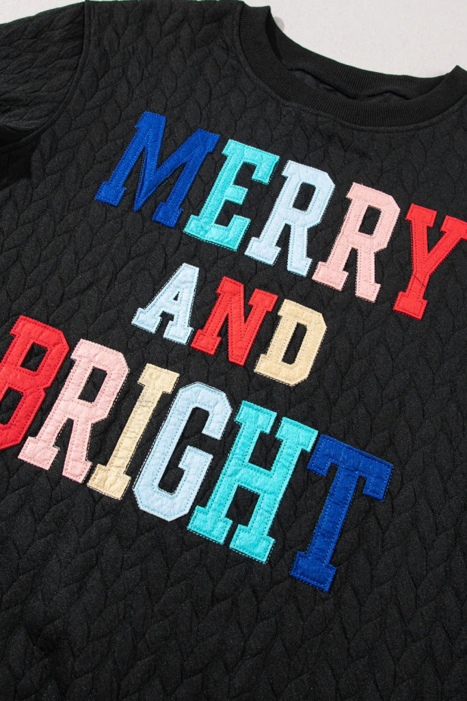 Full Size MERRY AND BRIGHT Cable Knit Pullover Sweatshirt - Black by Trendsi from FREYA’S CLOSET