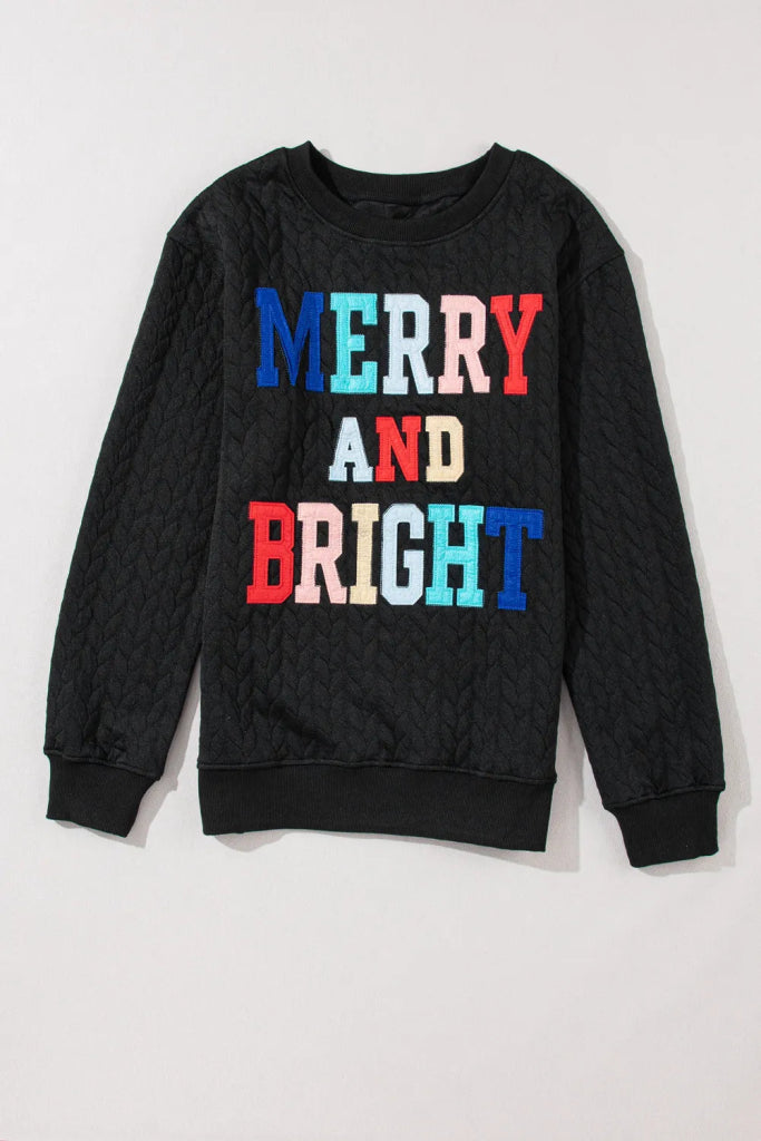 Full Size MERRY AND BRIGHT Cable Knit Pullover Sweatshirt - Black by Trendsi from FREYA’S CLOSET