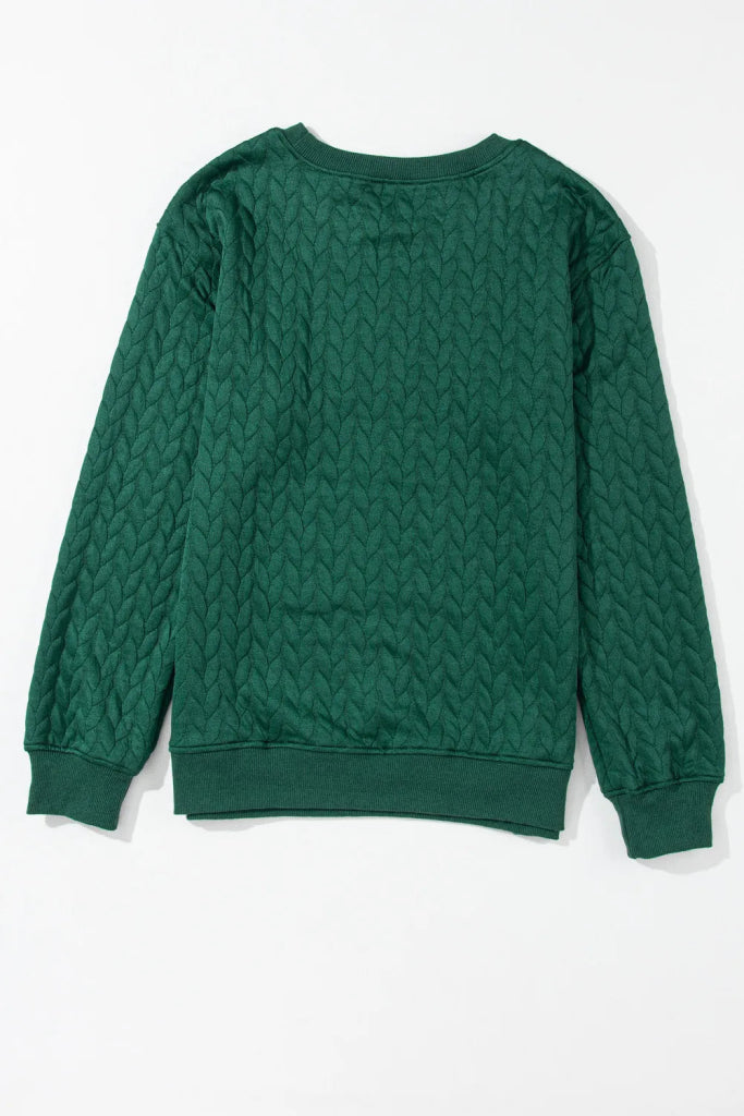 Full Size MERRY AND BRIGHT Cable Knit Pullover Sweatshirt - Dark Green by Trendsi from FREYA’S CLOSET