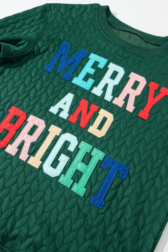 Full Size MERRY AND BRIGHT Cable Knit Pullover Sweatshirt - Dark Green by Trendsi from FREYA’S CLOSET