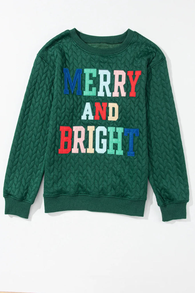 Full Size MERRY AND BRIGHT Cable Knit Pullover Sweatshirt - Dark Green by Trendsi from FREYA’S CLOSET