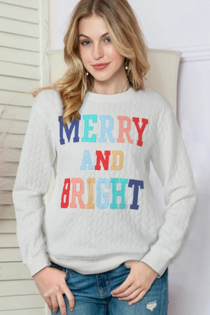 Full Size MERRY AND BRIGHT Cable Knit Pullover Sweatshirt - White by Trendsi from FREYA’S CLOSET