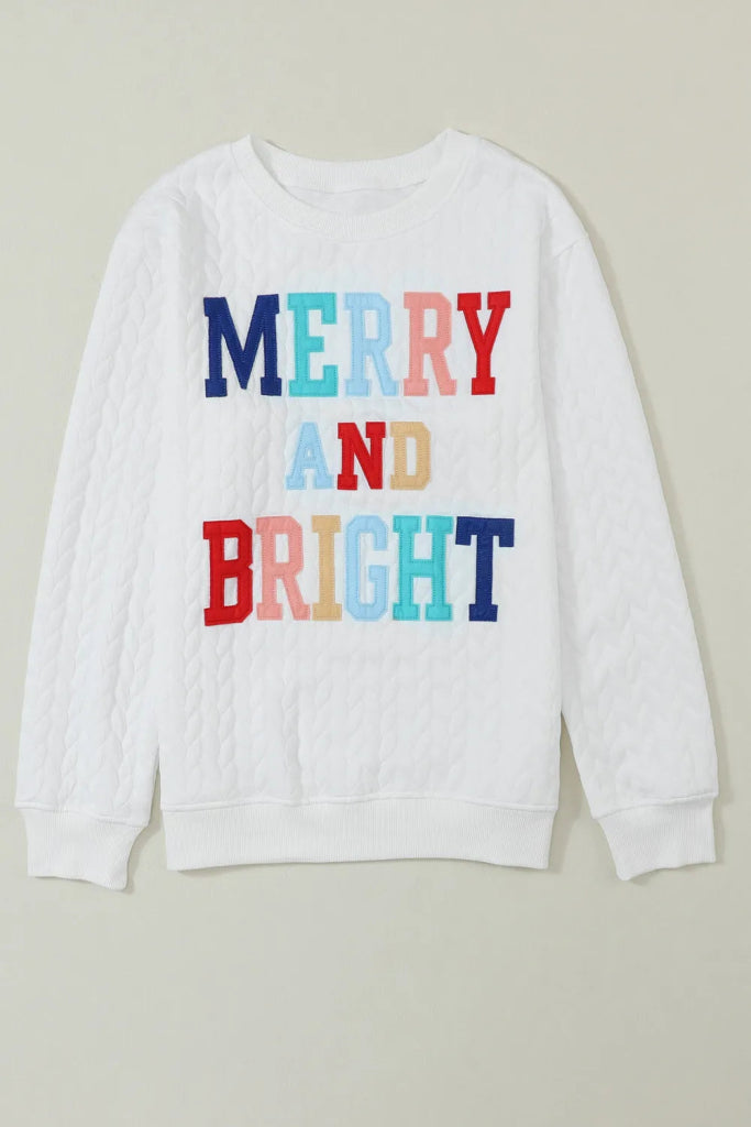 Full Size MERRY AND BRIGHT Cable Knit Pullover Sweatshirt - White by Trendsi from FREYA’S CLOSET