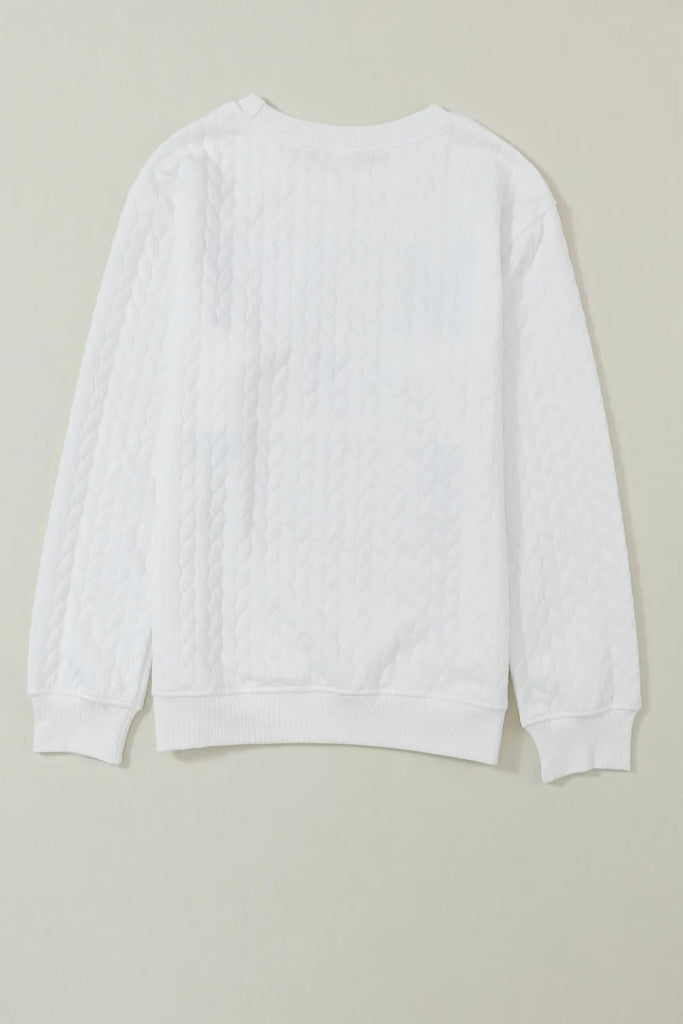 Full Size MERRY AND BRIGHT Cable Knit Pullover Sweatshirt - White by Trendsi from FREYA’S CLOSET