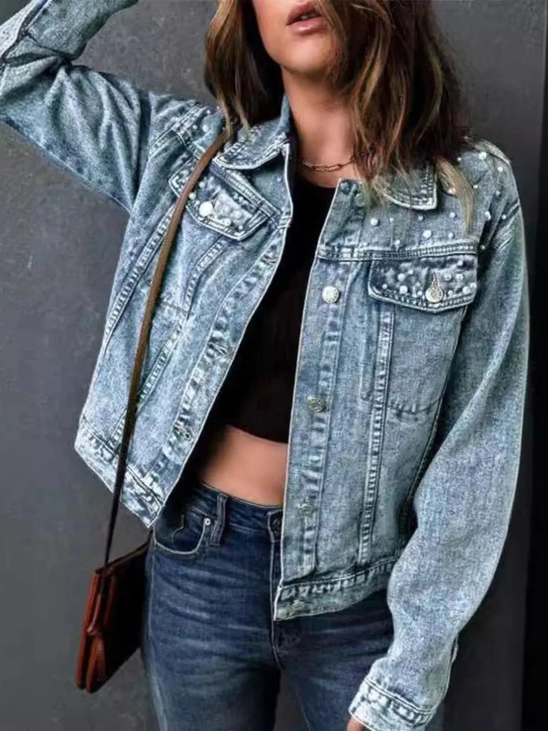 Pearl detail button-up long sleeve denim jacket, alternate product image