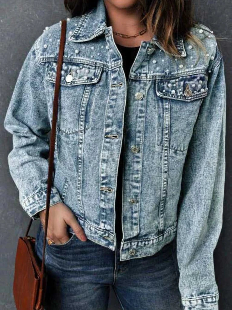 Pearl detail button-up long sleeve denim jacket, alternate product image
