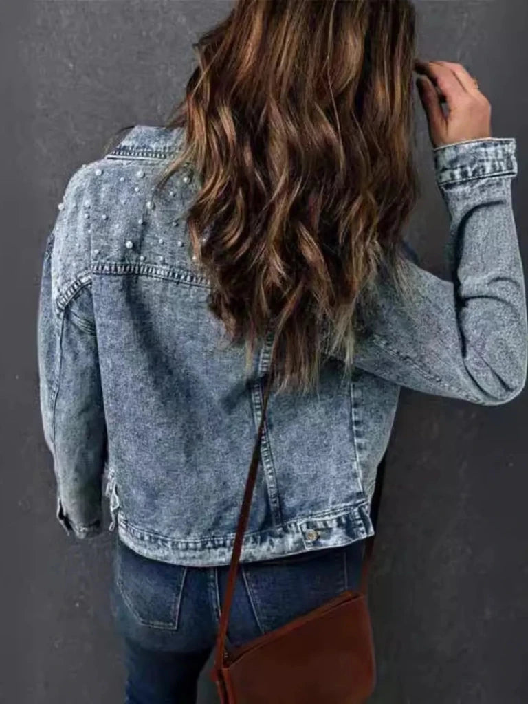 Pearl detail button-up long sleeve denim jacket, alternate product image