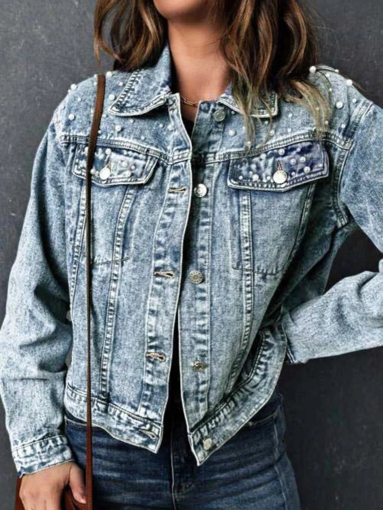 Pearl detail button-up long sleeve denim jacket