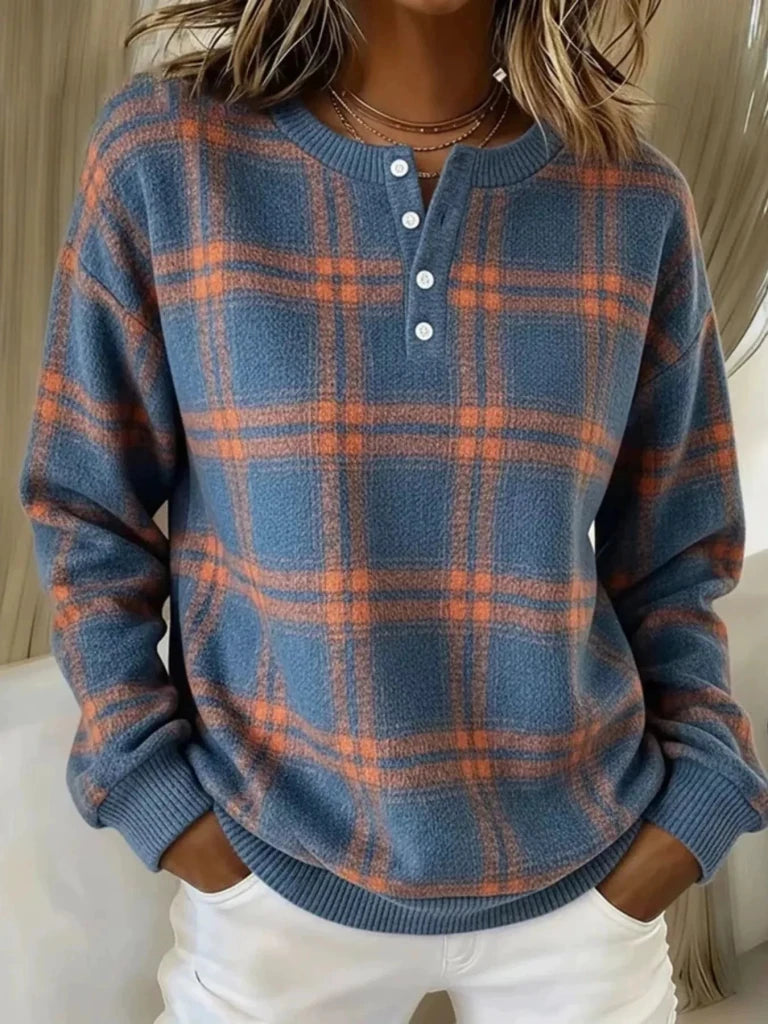 Plaid button detail long sleeve sweatshirt
