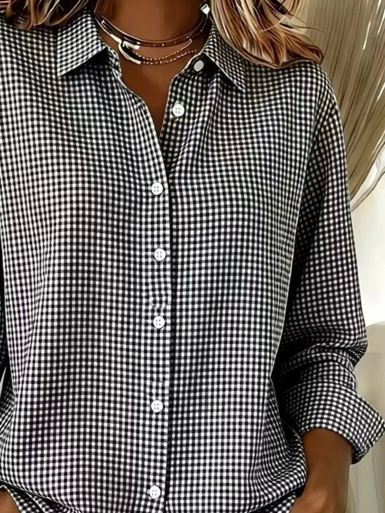 Full Size Plaid Button Up Long Sleeve Shirt Plus Size - Black by Trendsi from FREYA’S CLOSET