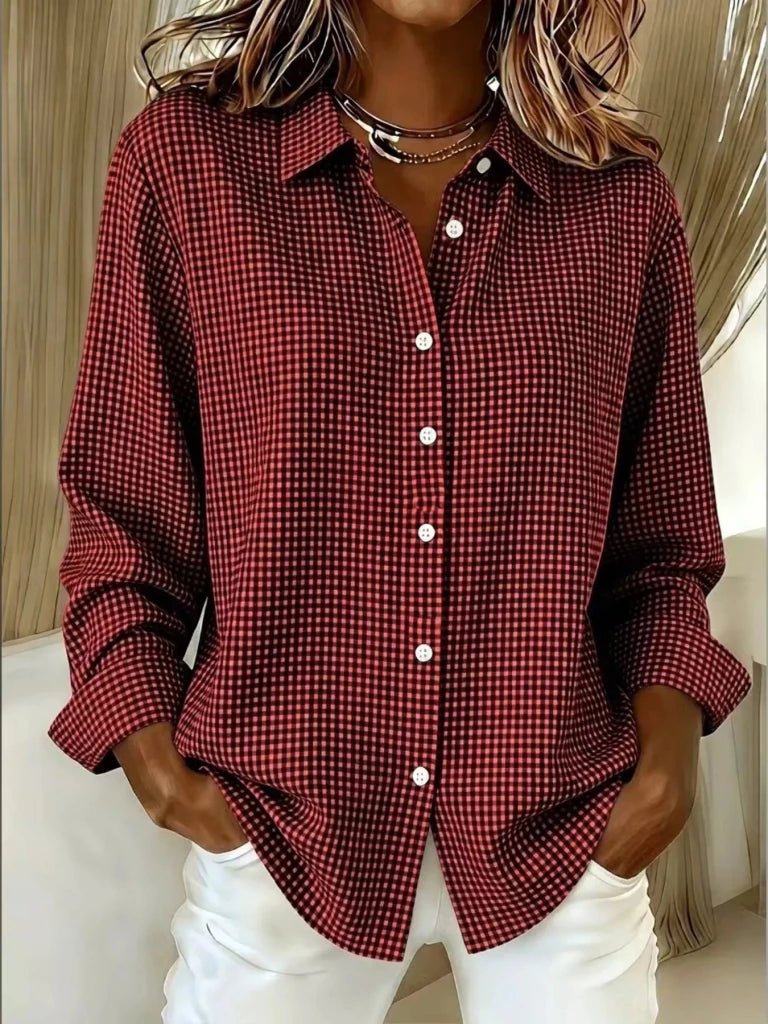 Full Size Plaid Button Up Long Sleeve Shirt Plus Size - Deep Red by Trendsi from FREYA’S CLOSET