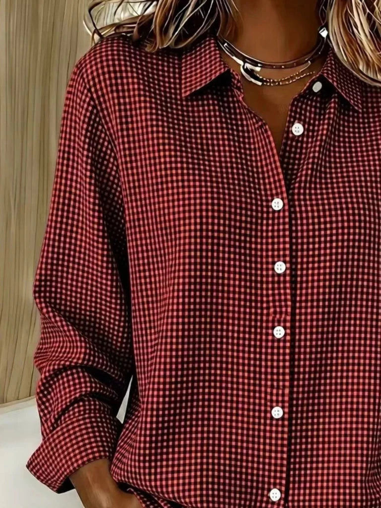 Full Size Plaid Button Up Long Sleeve Shirt Plus Size - Deep Red by Trendsi from FREYA’S CLOSET