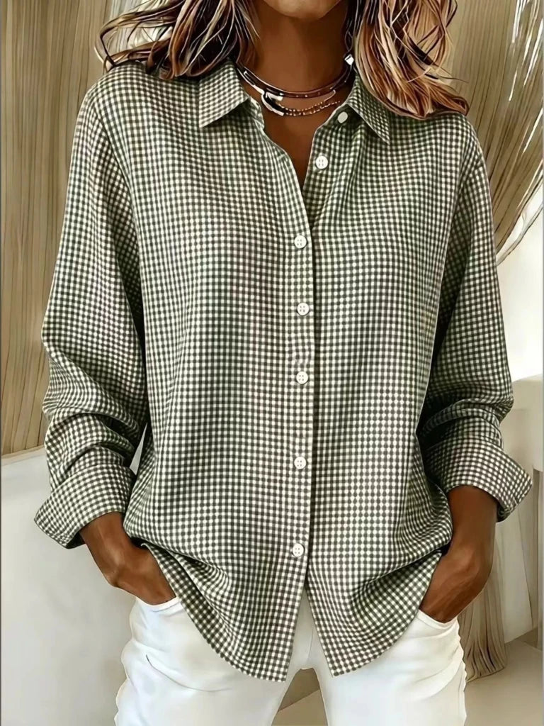 Full Size Plaid Button Up Long Sleeve Shirt Plus Size - Khaki by Trendsi from FREYA’S CLOSET