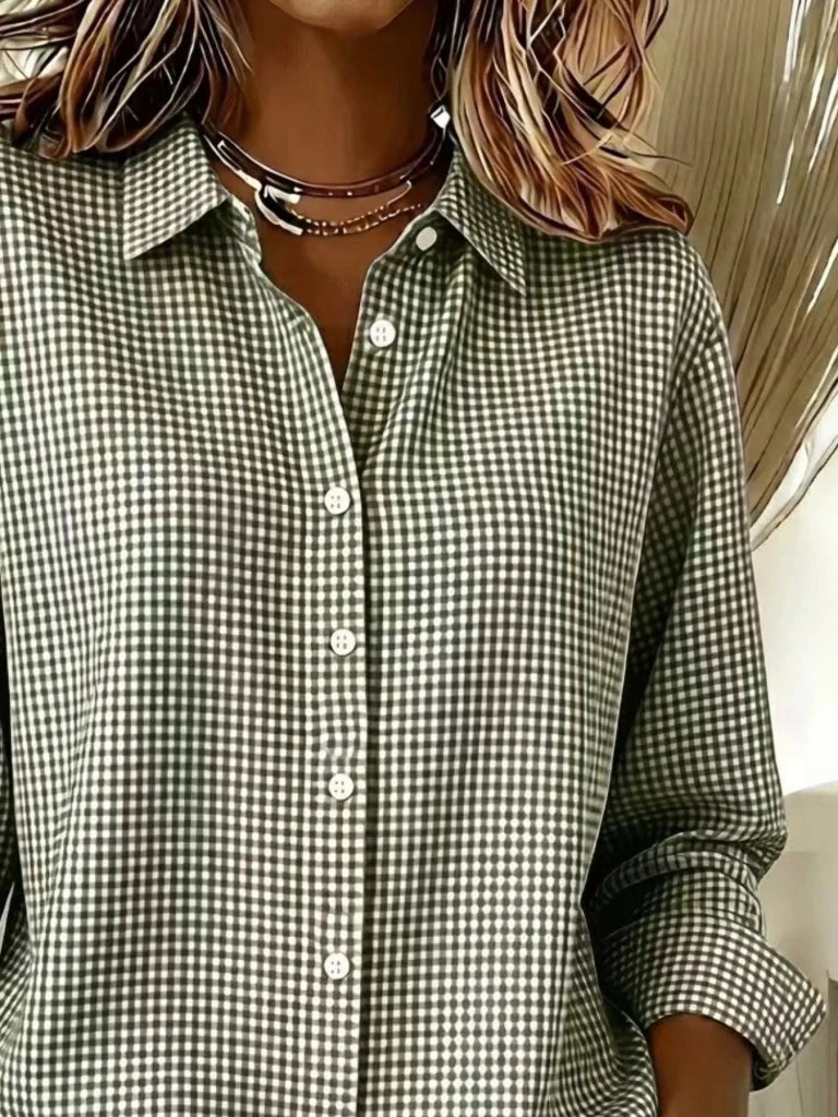 Full Size Plaid Button Up Long Sleeve Shirt Plus Size - Khaki by Trendsi from FREYA’S CLOSET