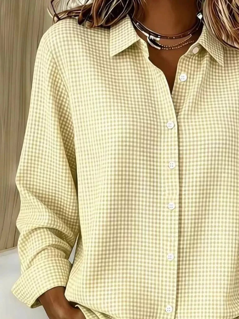 Full Size Plaid Button Up Long Sleeve Shirt Plus Size - Light Yellow by Trendsi from FREYA’S CLOSET