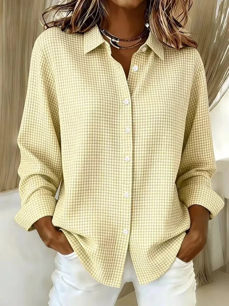 Full Size Plaid Button Up Long Sleeve Shirt Plus Size - Light Yellow by Trendsi from FREYA’S CLOSET