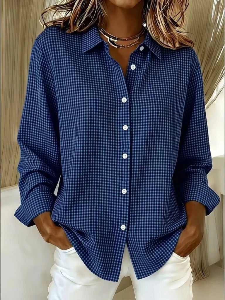 Full Size Plaid Button Up Long Sleeve Shirt Plus Size - Navy Blue by Trendsi from FREYA’S CLOSET