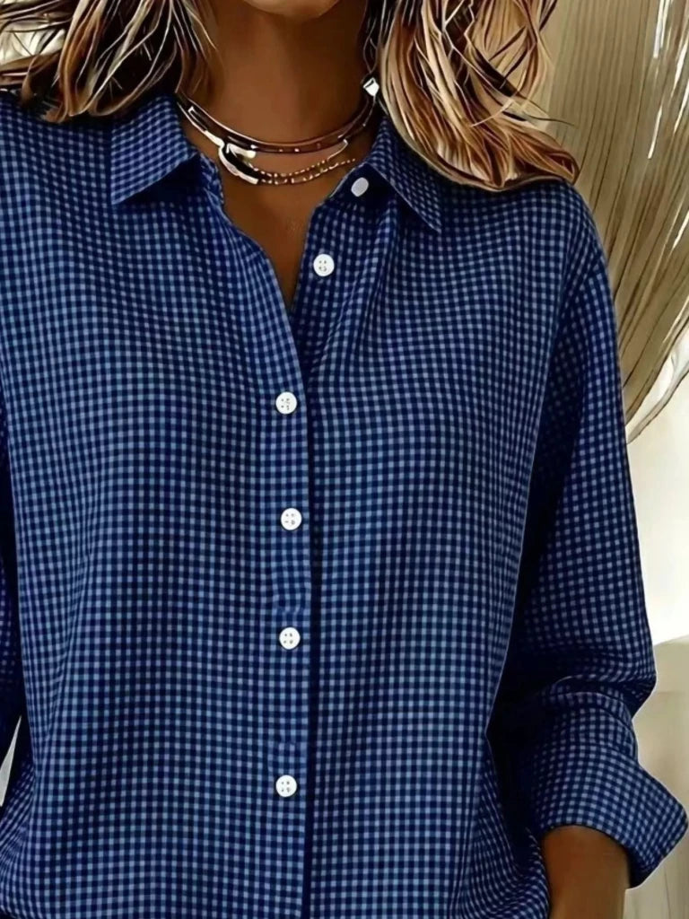 Full Size Plaid Button Up Long Sleeve Shirt Plus Size - Navy Blue by Trendsi from FREYA’S CLOSET