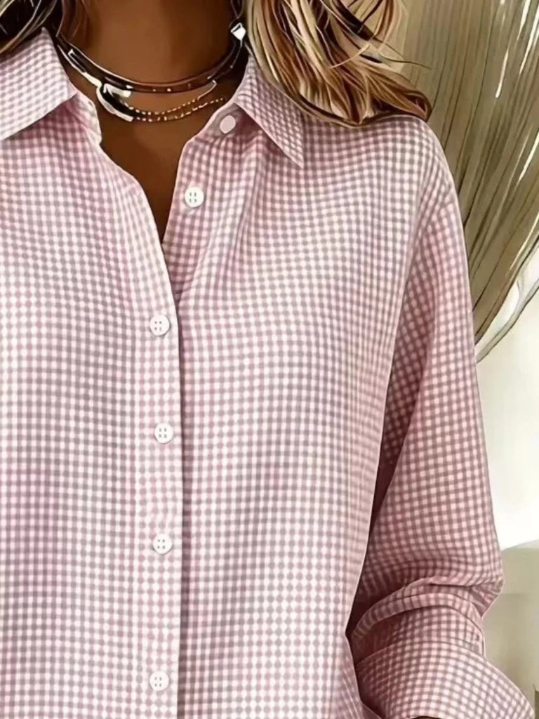 Full Size Plaid Button Up Long Sleeve Shirt Plus Size - Pink by Trendsi from FREYA’S CLOSET