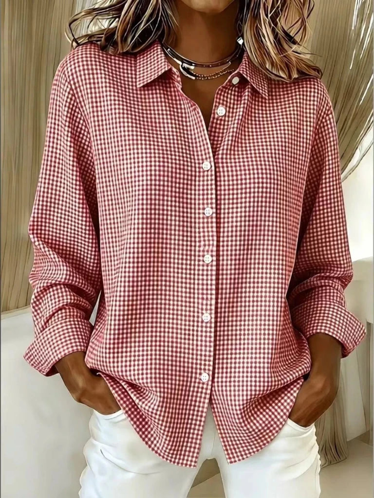 Full Size Plaid Button Up Long Sleeve Shirt Plus Size - Red by Trendsi from FREYA’S CLOSET