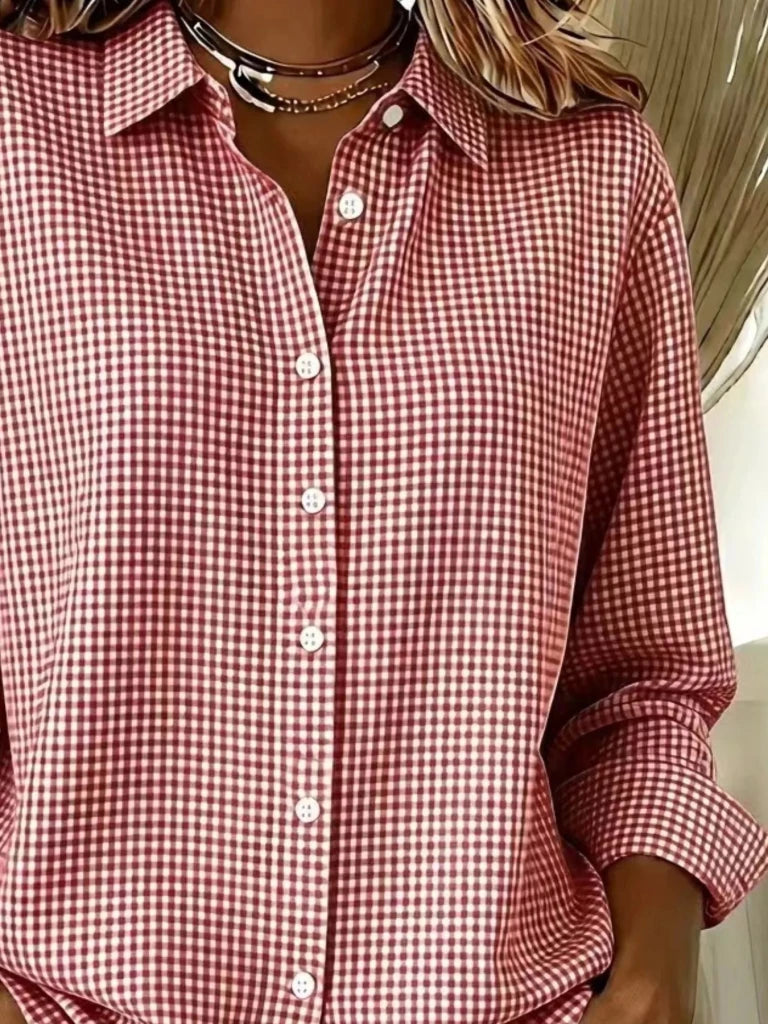 Full Size Plaid Button Up Long Sleeve Shirt Plus Size - Red by Trendsi from FREYA’S CLOSET