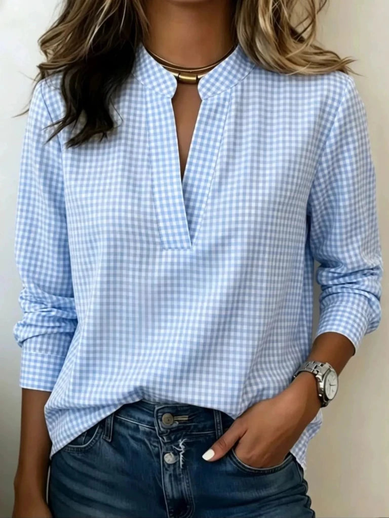 Full Size Plaid Notched Long Sleeve Blouse Plus Size - Blue by Trendsi from FREYA’S CLOSET