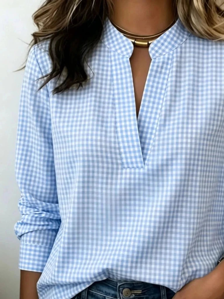 Full Size Plaid Notched Long Sleeve Blouse Plus Size - Blue by Trendsi from FREYA’S CLOSET