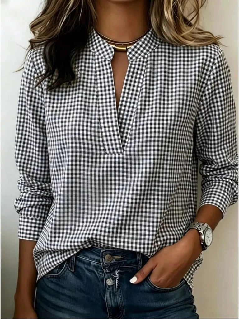 Full Size Plaid Notched Long Sleeve Blouse Plus Size - Grey by Trendsi from FREYA’S CLOSET