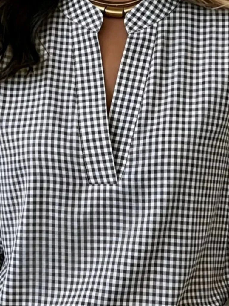 Full Size Plaid Notched Long Sleeve Blouse Plus Size - Grey by Trendsi from FREYA’S CLOSET