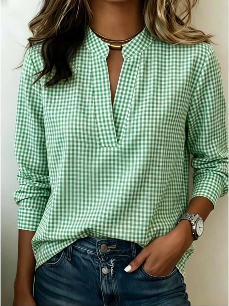 Full Size Plaid Notched Long Sleeve Blouse Plus Size - Light Green by Trendsi from FREYA’S CLOSET