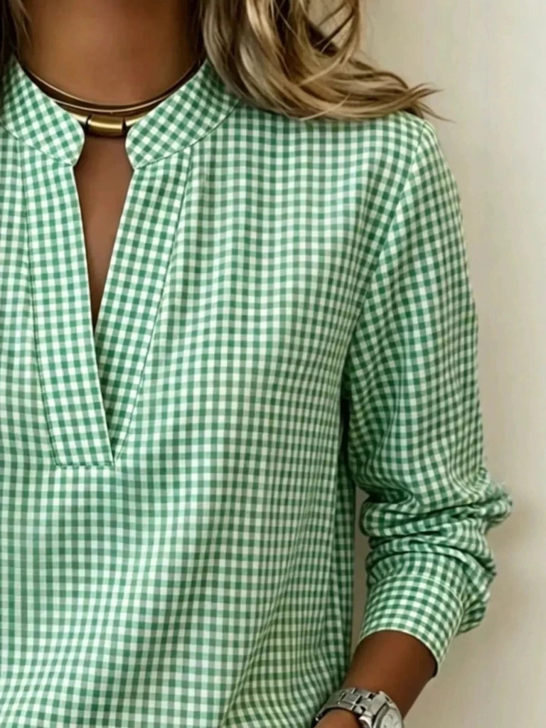 Full Size Plaid Notched Long Sleeve Blouse Plus Size - Light Green by Trendsi from FREYA’S CLOSET