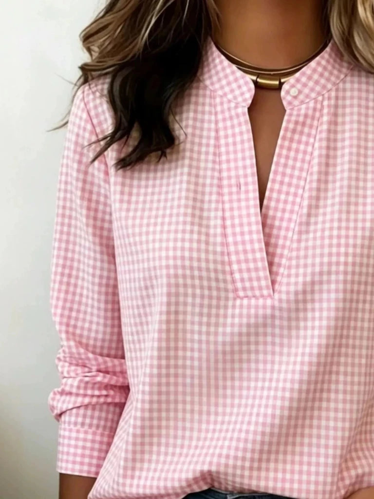 Full Size Plaid Notched Long Sleeve Blouse Plus Size - Pink by Trendsi from FREYA’S CLOSET