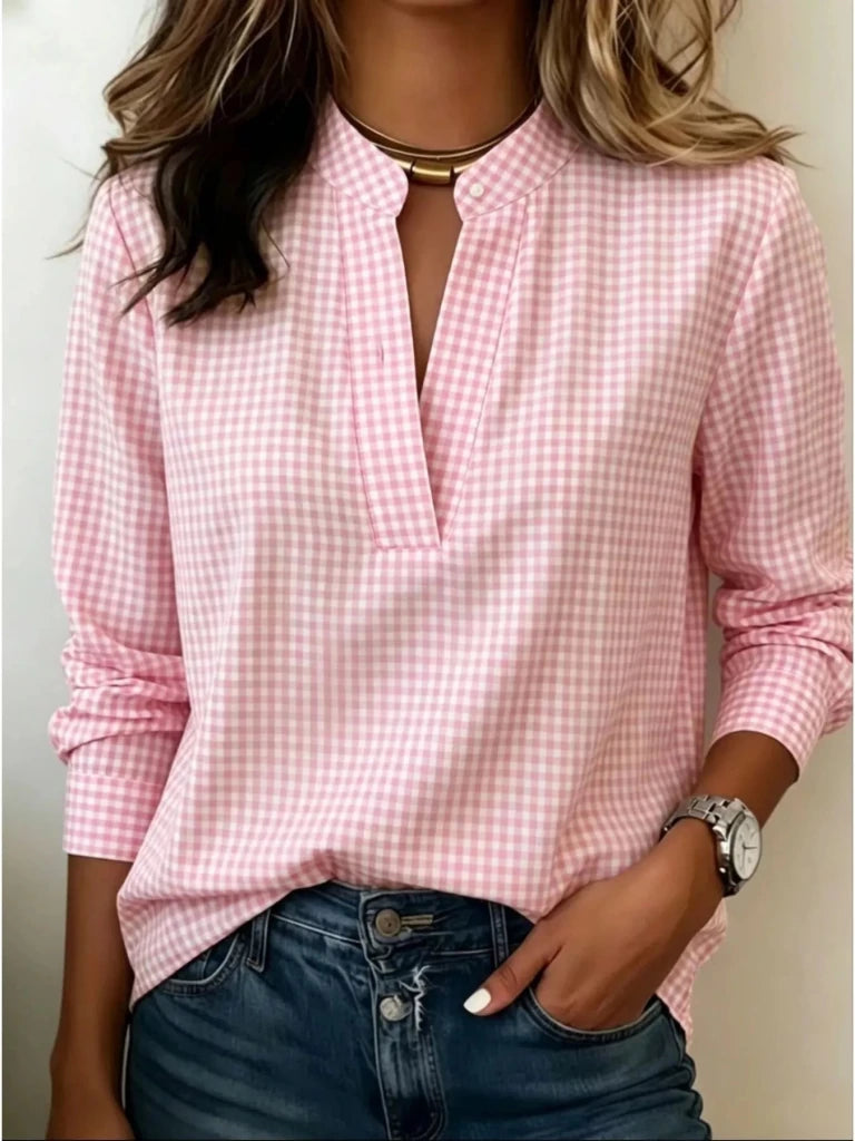 Full Size Plaid Notched Long Sleeve Blouse Plus Size - Pink by Trendsi from FREYA’S CLOSET
