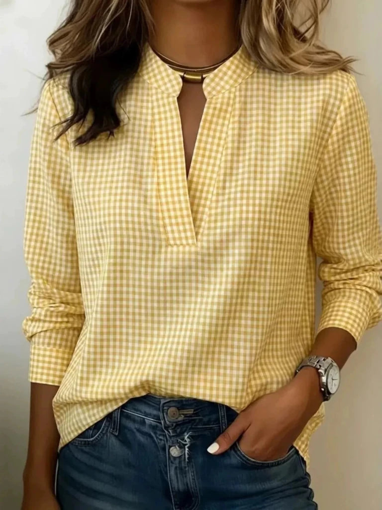 Full Size Plaid Notched Long Sleeve Blouse Plus Size - Yellow by Trendsi from FREYA’S CLOSET
