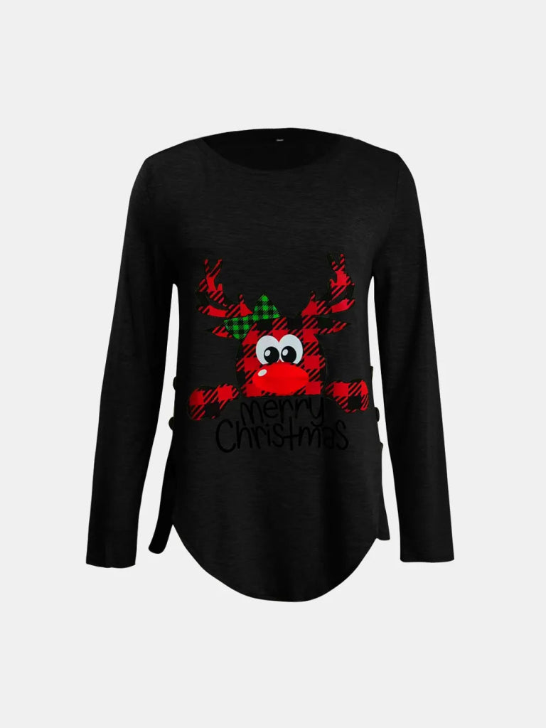 Full Size Reindeer Round Neck Long Sleeve T-Shirt - Black by Trendsi from FREYA’S CLOSET