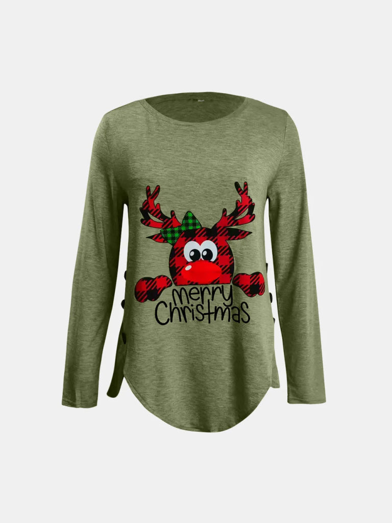 Full Size Reindeer Round Neck Long Sleeve T-Shirt - Matcha Green by Trendsi from FREYA’S CLOSET