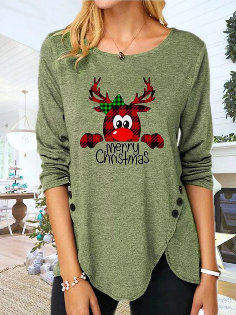 Full Size Reindeer Round Neck Long Sleeve T-Shirt - Matcha Green by Trendsi from FREYA’S CLOSET