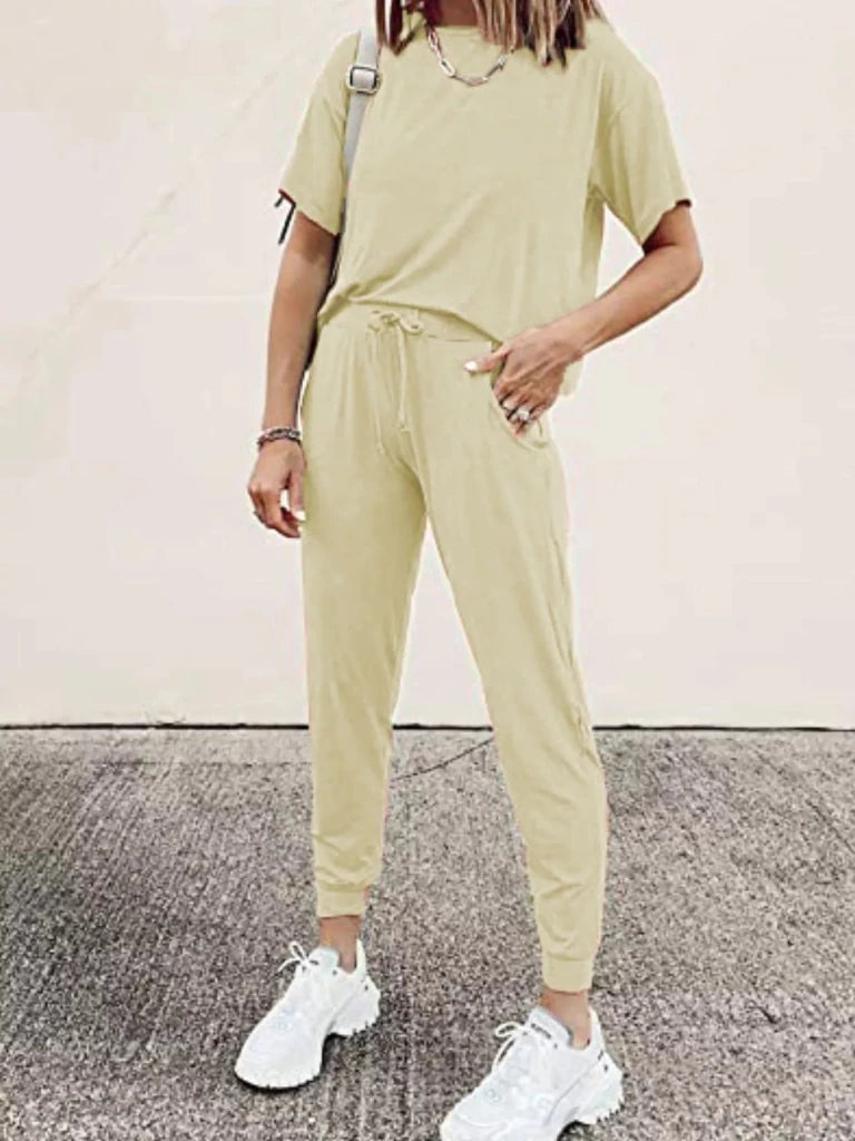 Round neck top and drawstring pants set, alternate product image