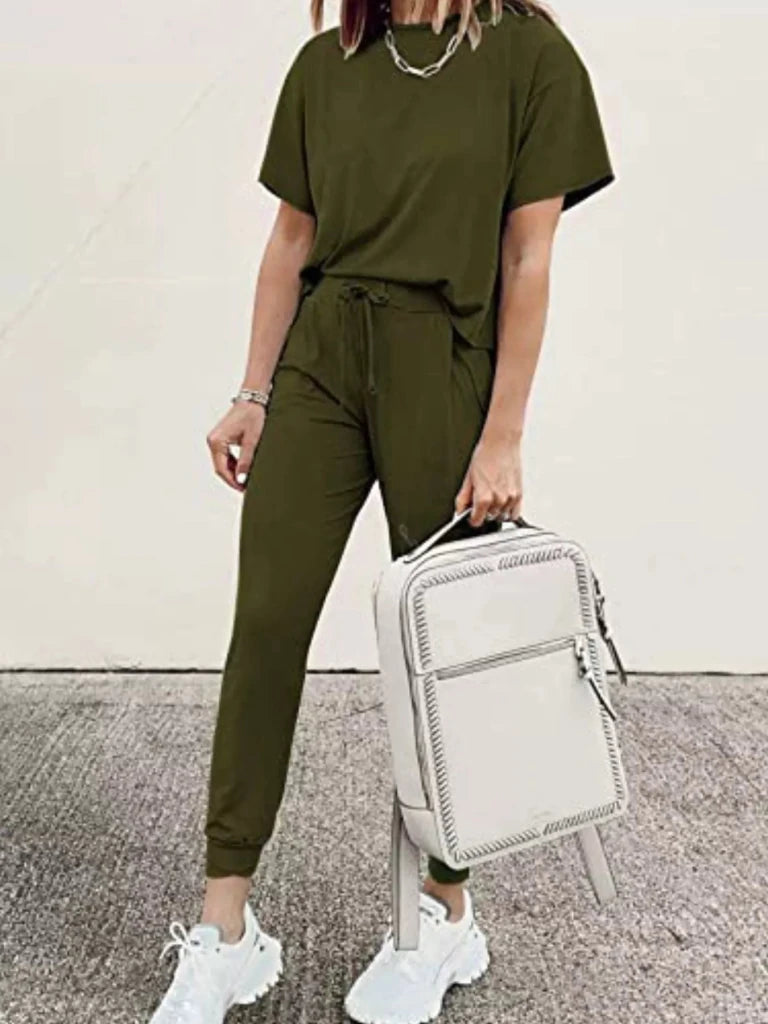 Round neck top and drawstring pants set, alternate product image
