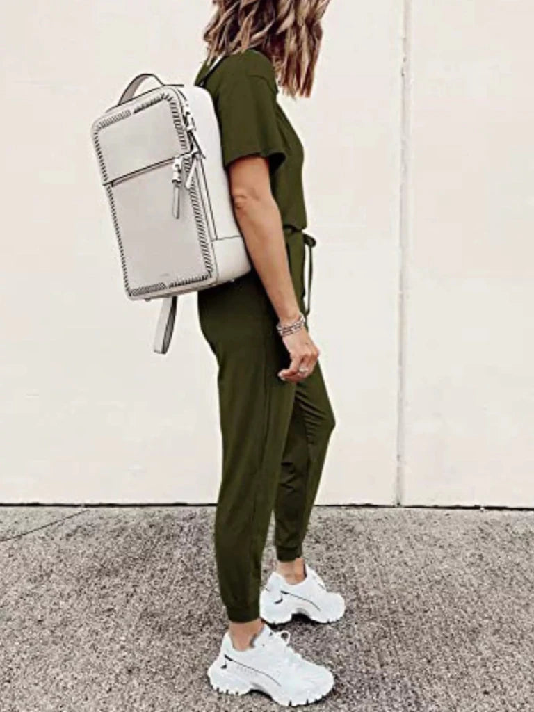 Round neck top and drawstring pants set, alternate product image
