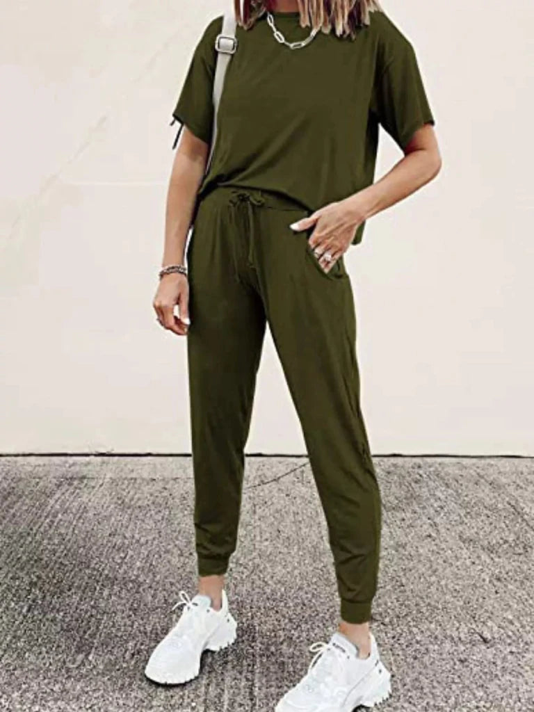 Round neck top and drawstring pants set, alternate product image