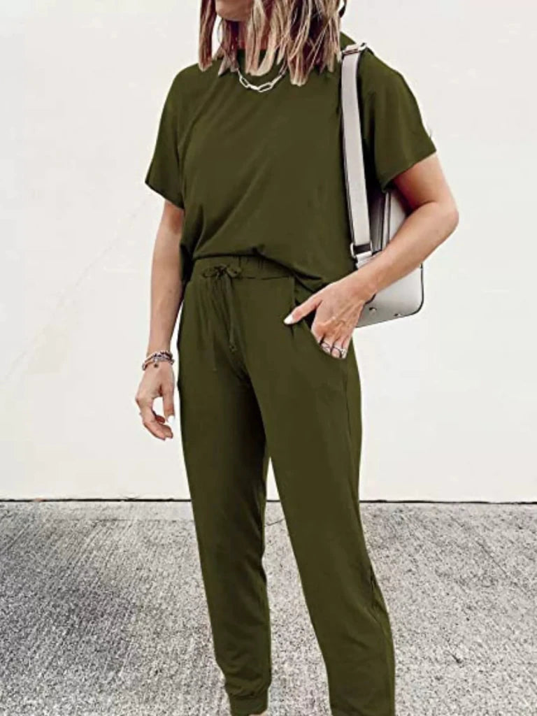 Round neck top and drawstring pants set, alternate product image