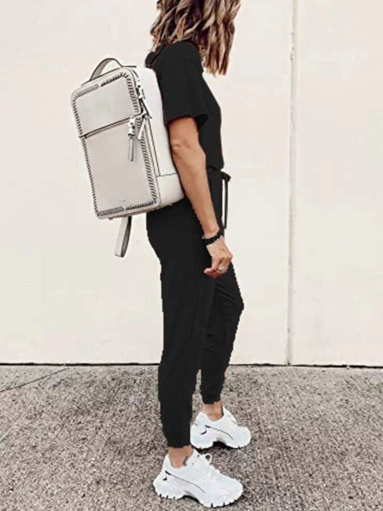 Round neck top and drawstring pants set, alternate product image